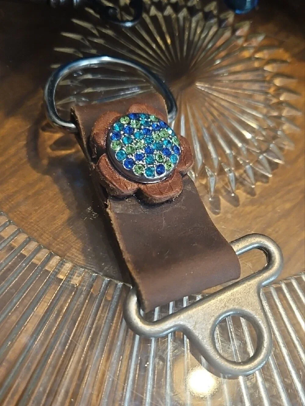 Hand Crafted Brown Genuine Leather Key Chain Fob with Blue & Green Crystal NEW